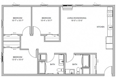 Floor plan for 3 beds, 2 baths, 1179 sqft